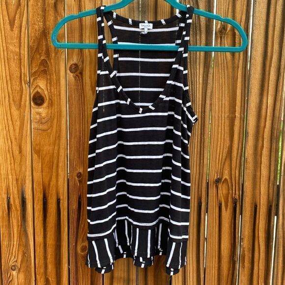 Splendid Striped Racerback V Neck Ruffle Trim Tank Top Black and White Small - Picture 3 of 6